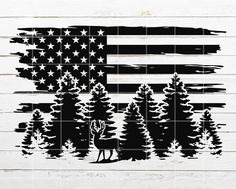 the american flag and deer are painted on wood planks with pine trees in the foreground