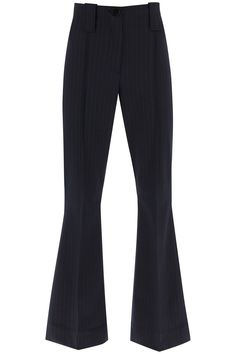 683 GANNI  STRETCH PINSTRIPED PANTS Ganni Sweater, Pinstripe Pants, Chic Blouses, Stylish Pants, Mohair Sweater, Flare Trousers, Professional Look, Unique Designers, Yoga Wear