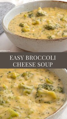 broccoli cheese soup in a white bowl