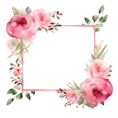 watercolor pink roses and green leaves on a white background with a rectangle frame