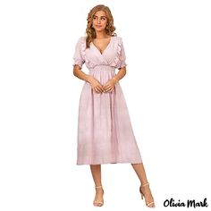 Olivia Mark - Summer women's skirt solid color mid-length dress short-sleeved lace low-cut high-waisted dress High Waist Dress, Mid Length Skirts, Skirt Skirt, Mid Length Dresses, Types Of Skirts, Olivia Mark, Princess Dress, Skirt Length, Low Cut