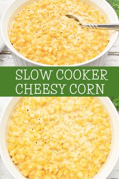 two bowls filled with slow cooker cheesy corn on top of green grass