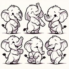 an elephant cartoon character poses in various positions to perform the same pose for each other