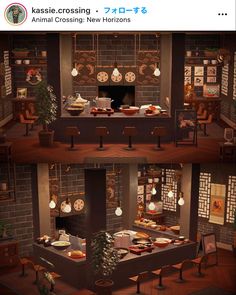 the interior of a japanese restaurant is shown in three different views, including an open fire place