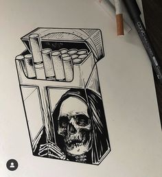 a drawing of a skeleton in front of a machine with bottles on it and a skull inside