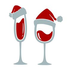 two wine glasses with santa hats on them, one filled with red liquid and the other filled with champagne