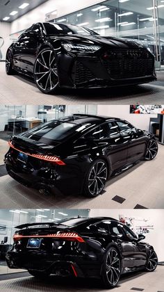 three different views of a black sports car in a showroom, one showing the rear end