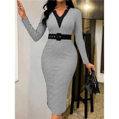 -Item Id 38082935 -Details: Split -Neckline: V Neck -Sleeve Type: Regular Sleeve -Style: Elegant -Type: Bodycon -Waist Line: High Waist -Hem Shaped: Pencil -Color: Black -Pattern Type: Colorblock -Sleeve Length: Long Sleeve -Length: Midi -Fit Type: Slim Fit -Fabric: Medium Stretch -Material: Fabric -Composition: 95% Polyester, 5% Elastane -Care Instructions: Machine Wash Or Professional Dry Clean -Sheer: No **Open To Offers!!!** **Bundle To Save More** **30% Off Bundles Of 2 Or More Items!!** ** Fall V-neck Midi Dress For Office, Plaid V-neck Dress For Work, Chic Plaid Midi Dress For Work, Fitted Midi Dress With Houndstooth Pattern For Fall, Fitted Houndstooth Midi Dress For Fall, Fitted Houndstooth Midi Dress, Elegant Office Dress With Houndstooth Pattern, Chic Houndstooth Midi Dress For Work, Chic Houndstooth Pattern Midi Dress For Work