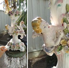 two pictures of an ornate vase with cherubs and flowers on the top, one is being held up by a woman's hand