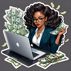 a woman sitting at a laptop with money coming out of it