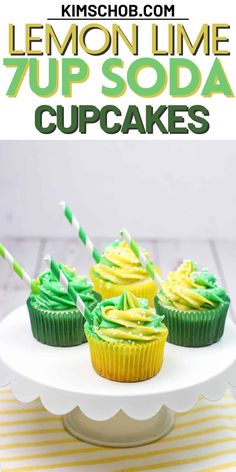 lemon lime cupcakes with green frosting on a white cake plate and yellow striped napkin