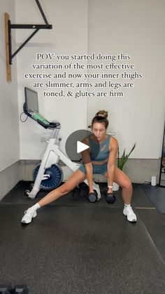 a woman sitting on a stationary exercise bike in front of a wall with the words pov you started doing this variation of the most effective exercise and now