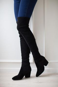 'Ellis' Black Classic Over The Knee Suede Leather Boots - Goodnight Macaroon Over The Knee Boot Outfit, Knee Boots Outfit, High Boots Outfit, Boating Outfit, Suede Leather Boots, Mein Style, Black High Heels, Fesyen Wanita, Boots Outfit