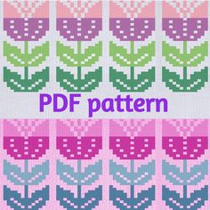 a knitted flower pattern with the words, df pattern in purple and green