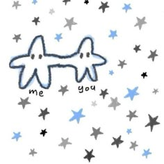 a drawing of an airplane with the words me you written on it in blue and silver stars