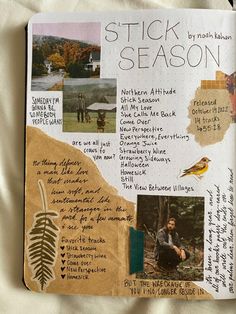 an open book with pictures and writing on it, including words from people in the woods