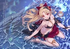 an anime character is sitting in the water with her hair blowing back and eyes closed