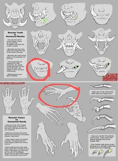 an info sheet shows how to draw hands and claws for the character's head