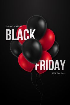 black friday sale poster with red and black balloons in the air on a dark background