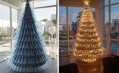 two pictures side by side one has a christmas tree and the other has lights on it