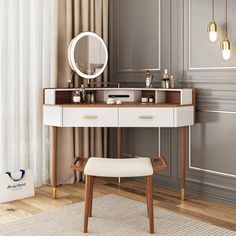 a dressing table with a mirror and stool