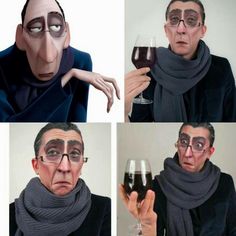 four different pictures of a man holding a glass of wine and making faces with glasses