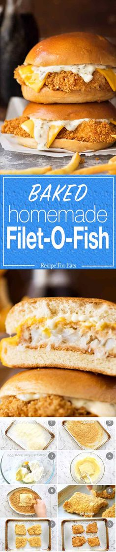 some food is stacked on top of each other with the words baked homemade filet - o - fish