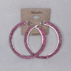 Large Hoop Pierce Earrings, Silver Tone In Hot Pink Rhinestones By Natasha. Hoops Do Not Sit Flat. They Are In A Slant For A More Show. New Without Tags. Did Not Removed From Card For Pictures. Measurements 3 1/4 Inch Wide By 3 1/4 Inch Long. Measurements Done Laying Down And Did Not Removed From Card, Are Estimated. # Ag-7 Jeweled Round Hoop Earrings, Silver Bling Hoop Earrings As Gift, Silver Bling Hoop Earrings For Gift, Silver Bling Hoop Earrings, Jeweled Metal Hoop Jewelry, Silver Small Hoop Crystal Earrings For Party, Silver Small Hoop Earrings With Bling, Silver Metal Hoop Earrings With Bling, Silver Hoop Crystal Earrings With Bling