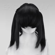 Gaia Black Pigtail Wig Long and flowing pigtails are a classic staple in the cosplay world. Our Gaia style Black pigtail wig offers an easy and natural looking way to achieve such a classic and timeless look. Front facing bangs reach a a total of 7", making them versatile in creating a number of different styles. Longer side bangs that fall to 10 1/2" create a flattering, face framing appearance with ease. Long twin tails allow for styling as is, or can be customized with our many clip on extens Pigtail Wig, Long Layers With Bangs, Different Shades Of Black, Front Bangs, Long Side Bangs, Black Wigs, Top Braid, Wavy Curls, Epic Cosplay