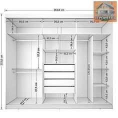 an open closet with measurements for the door and shelves