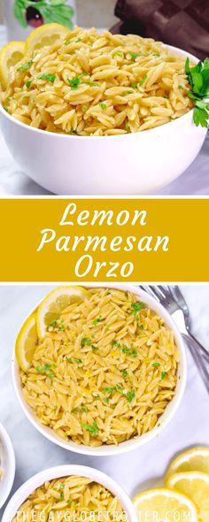 lemon parmesan orzo in two white bowls on a table with lemon slices