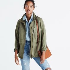 New With Tags Madewell Fleet Jacket In A Women’s Size Xs. Army Olive Green Color. “A Figure-Defining Drawcord Waist Streamlines A Heritage Military Jacket Cut From Lightweight Cotton. A Chic Stand Collar And A Handful Of External Pockets Equip The Style For Everyday Functionality.” Front Zip Closure. Stand Collar. Long Sleeves With Single Snap Button Cuffs. Front Patch And Zip Pockets. 100% Cotton. Machine Wash Cold, Tumble Dry Low. Measurements Lying Flat: 18” Armpit To Armpit 26” Long 23” Slee Madewell Fleet Jacket, Green Cargo Jacket, Madewell Jacket, Green Utility Jacket, Army Green Jacket, Fresh Summer, Cargo Jacket, Jacket Outfit, Athleisure Wear