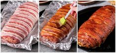 three different types of meat being cooked on tin foil