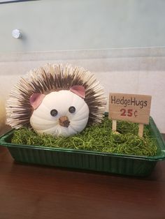 a hedgehog is sitting in the grass next to a sign