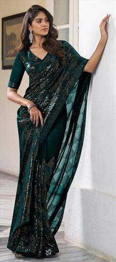 Green color Saree in Georgette fabric with Embroidered, Resham, Sequence, Thread work Sequin Saree Party Wear, Dark Green Saree, Bottle Green Saree, Green Color Saree, Sequins Saree, Resham Work, Green Saree, Dress Inspo, Georgette Fabric