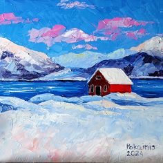 a painting of a red house in the snow with mountains in the background and water below