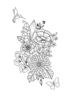 a black and white drawing of flowers with butterflies