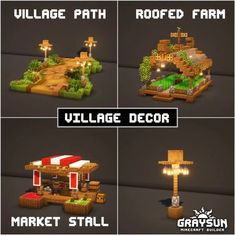 four different types of village decor in minecraft with the text village path, roofed farm, village decor and market stall