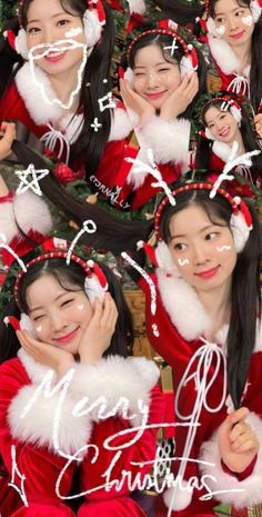 the girls are dressed up for christmas and have santa's hats on their heads