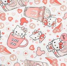 hello kitty wallpaper with pink hearts and coffee mugs on white background, closeup