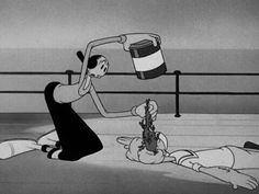 an animated scene with two people laying on the ground and one person holding a bucket