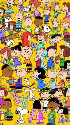 a large group of cartoon characters on a yellow background