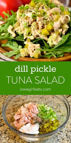 tuna salad in a bowl with lettuce, tomatoes and other ingredients on the side