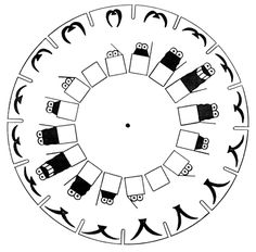 a drawing of a circle with cars and arrows around it in black ink on a white background