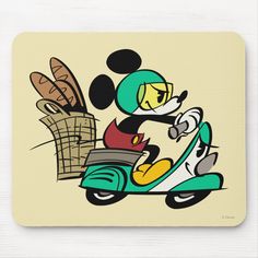 mickey mouse riding a scooter with bread in the basket