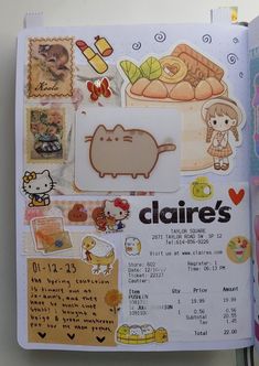 an open book with stickers and pictures on the pages that include cats, food, and other things