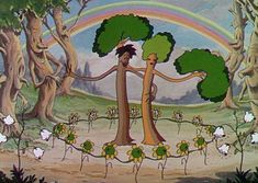 a painting of two people standing next to each other with trees and flowers around them