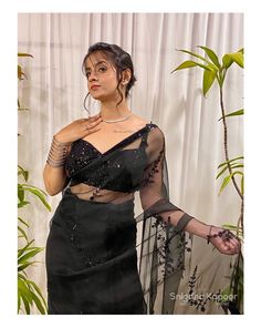 Black sequins embroidered cocktail reception organza saree with heavy embellished shiny black stitched blouse, Indian wedding sari by LabelSnigdhaKapoor on Etsy Cocktail Wedding Reception, Organza Wedding, Cocktail Reception