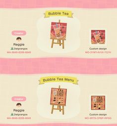 the menu for bubble tea menus is shown in three different colors and sizes, including pink