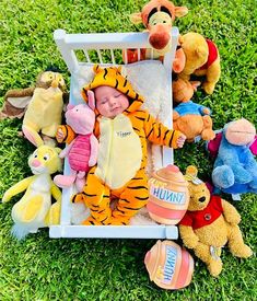 a baby is laying in a crib with stuffed animals around it on the grass